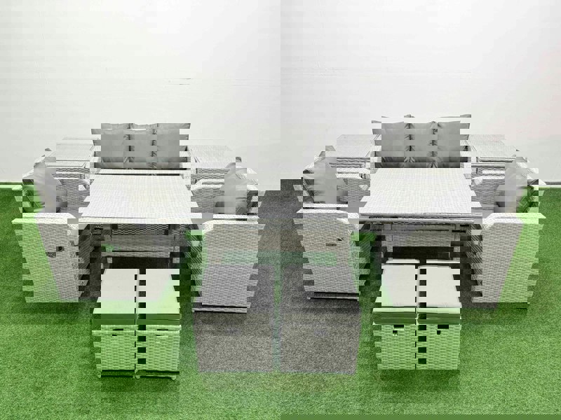 Fimous PE Rattan Garden Furniture Set Reclining Chair Sofa Lounge Sofa Set Rectangular Dining Table 2 Side Table 2 Small Stools Light Grey