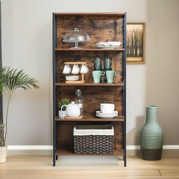Rafaelo Mobilia 4 Tier Industrial Storage Bookcase Shelf Rustic Brown