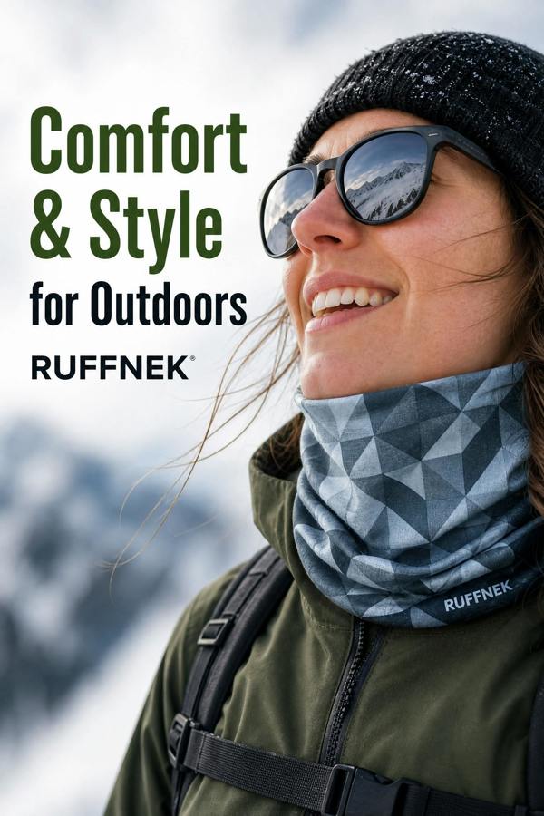 A smiling woman outdoors in a snowy mountain setting wears a Ruffnek geometric patterned neck gaiter snood, black sunglasses, and a dark knit beanie. Large text on the left reads 'Comfort & Style for Outdoors' and 'RUFFNEK'.