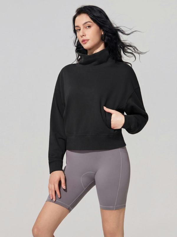 Anniou Cropped Mock Neck Pullover Sweatshirt - Black