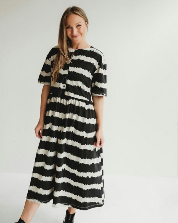 Eco friendly azo free Matilda Black Wavy Stripe Midi Dress- image 1
