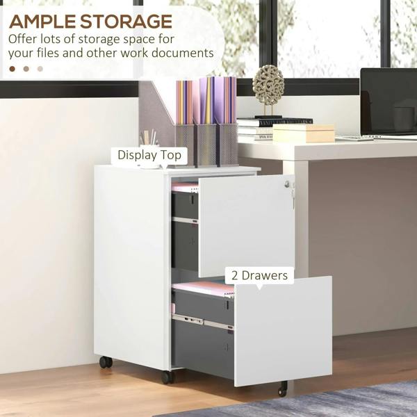 White mobile 2-drawer filing cabinet with lock, front opening, on caster wheels
