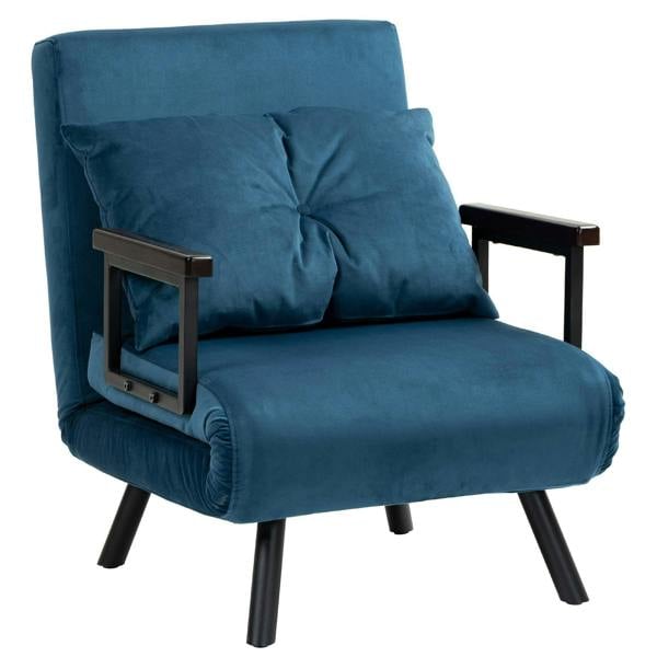Navy blue velvet-feel single chair bed with built-in pillow and padded arms