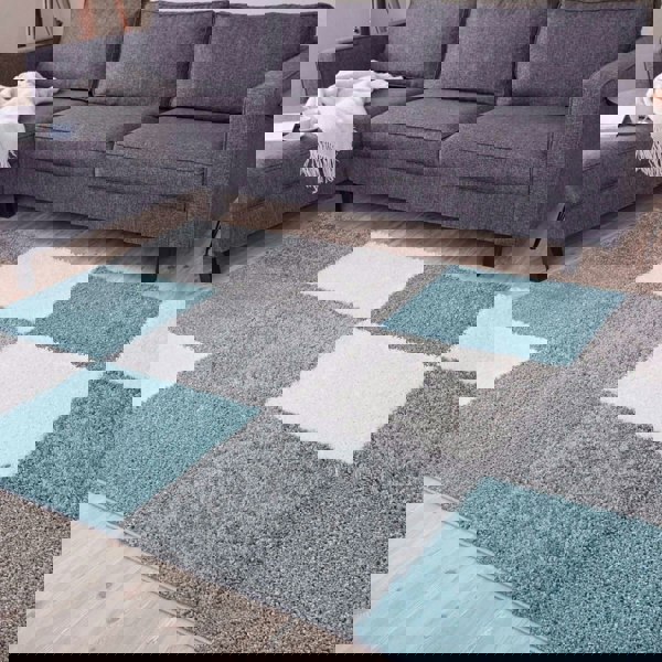 Geometric Design Thick Shaggy Area Rugs Duck Egg Blue