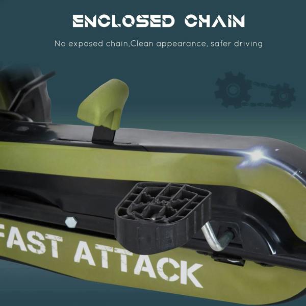 Green pedal go-kart with enclosed chain area on the side