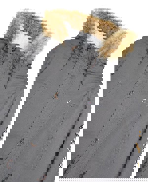 Lambretta Mens/Womens Carnaby Scooter Hooded Classic Mod Ska Badge Parka, close-up of the grey coat with fur-lined hood and detailed patches and badges.