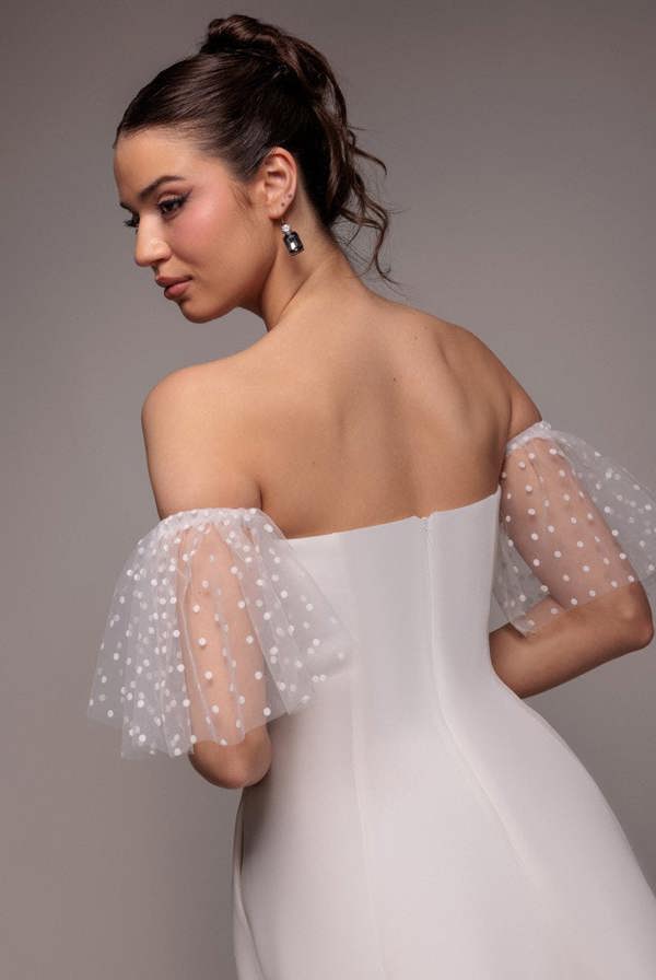 Scuba & Polka Mesh Off The Shoulder Midi Dress - White DR5016