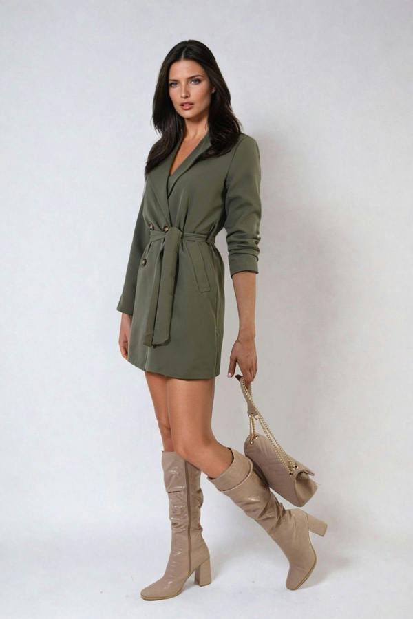 Raven Oversized Waist Tie Button Detail Blazer Jacket - Khaki