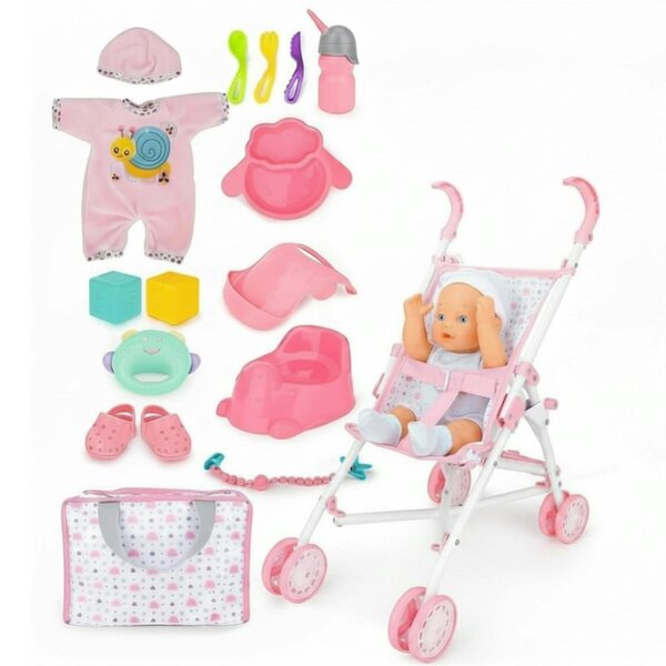 deAO Toys My First Baby Doll Play Set with Stroller Baby Doll Pushchair with Accessories - pink - 3+