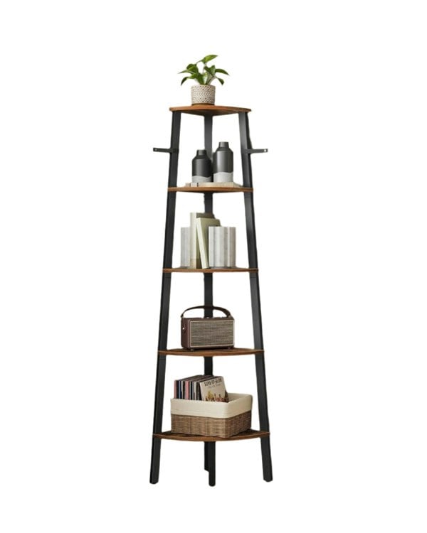 Modcraft Rustic 5-Tier Corner Ladder Shelf – Industrial Bookcase & Plant Stand