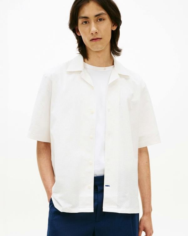 Tommy Hilfiger Performance Seersucker Mens Short Sleeve Shirt - Ivory Petal/Ecru Stripe