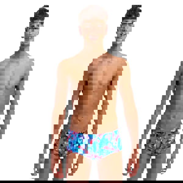 Funky Trunks boys messy messy messy Sidewinder swim trunks in blue and pink floral design