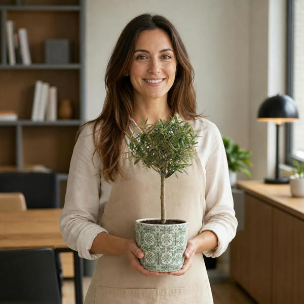 Woman holding a Mini Olive Tree in a decorative planter suitable for home and garden décor.