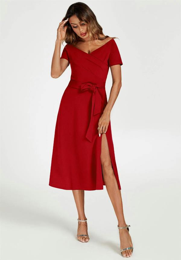 FS Collection Bardot Midi Dress In Red