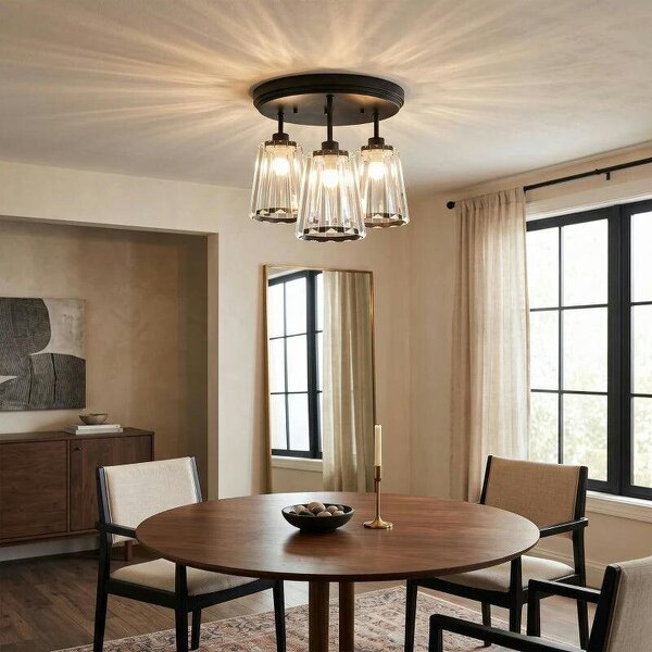 3-Light Crystal Glass Ceiling Light, Triple Head with Dual Mounting, Modern Ceiling Lamp for Living Room, Black