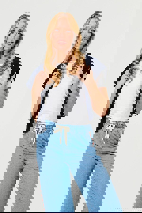 Blue | Star Print Trim Drawstring Wide Jeans
