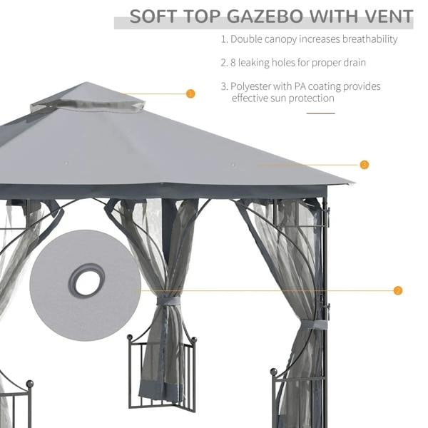 Soft top gazebo canopy with vented double roof and hanging mesh curtains