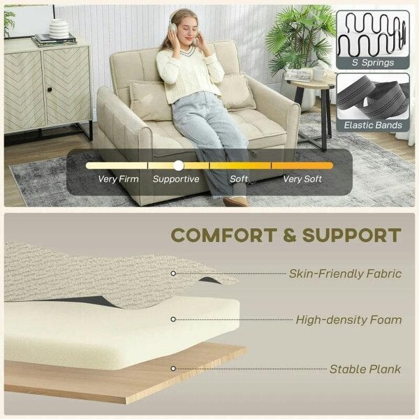 2 Seater Sofa Bed, 3-in-1 Convertible Sleeper Sofa with Click-clack Adjustable Backrest and 2 Pillows, Light Brown