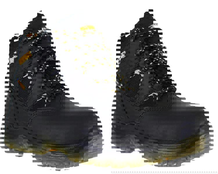 DeWalt Challenger Mens Waterproof Safety S3 Steel Toe Work Boots, black waterproof work boot with protective toe cap, rugged sole, and yellow accents.