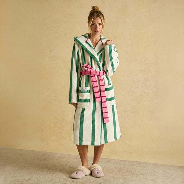 Joules G85730 Green/White Stripe Ladies Robe Bath Robe   in  Green