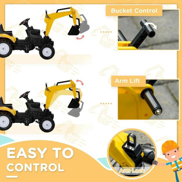 Yellow ride-on construction tractor with control levers and bucket