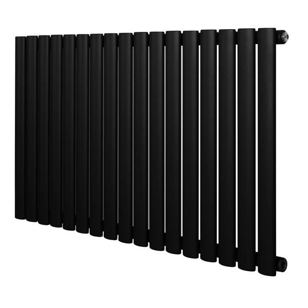 Sleek black oval single column radiator with a modern design, measuring 600 x 1020mm, featuring smooth, matte finish and vertical bars