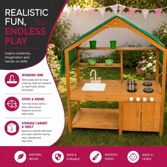 Neo Wooden Outdoor Mud Kitchen for Kids Working Sink Play Stove