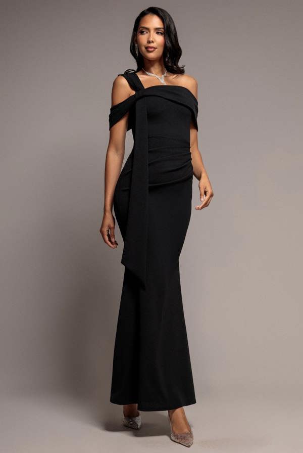 One Shoulder Twisted Bardot Asymmetric Mermaid Maxi Dress - Black DR4910