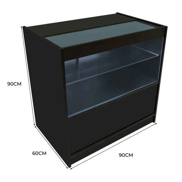 Black LED retail shop counter C900 with glass top, two shelves, sleek design, dimensions 90cm height, 60cm depth, 90cm width