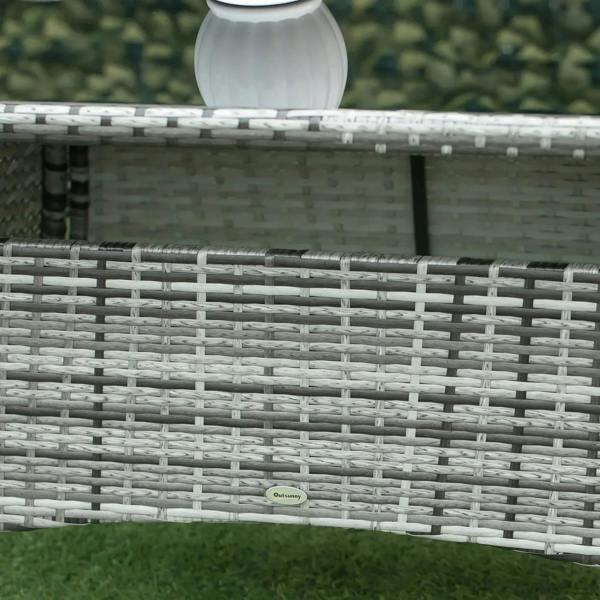 Grey woven rattan tabletop side panel with chair seat woven detail