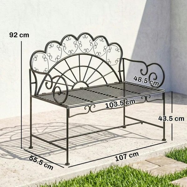 Metal Garden Bench Loveseat with Slatted Seat, Black