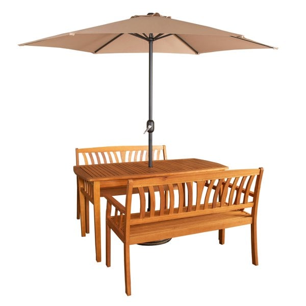 Samuel Alexander Outdoor 4 Person Rectangular Wooden Dining Table 2 Benches with Beige Havana Parasol & Base