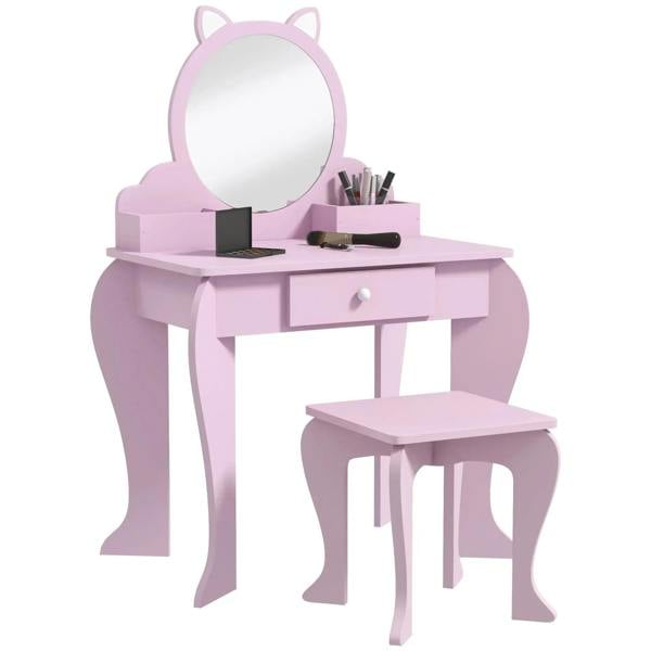Pink kids vanity table with cat-ear mirror, tabletop makeup organizer, and matching stool