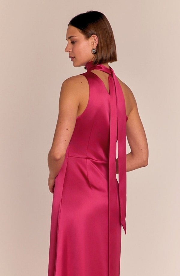 Rewritten London Porto Dress in Hot Pink Satin