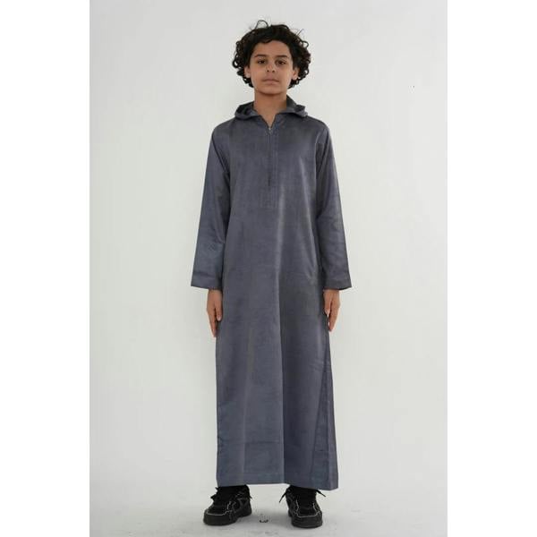 HM12 - Boy's Hooded Suede Emirati Omani Zipped Thobe - Grey - Thobez - 17