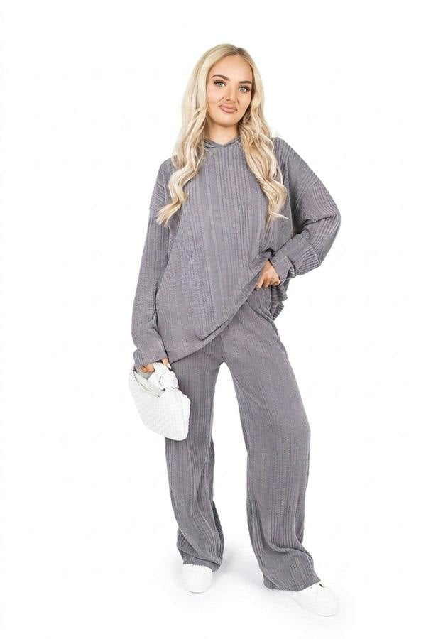Zayana Hooded Ribbed Oversized Top And Wide Leg Lounge Co-ord Set - Charcoal_wb