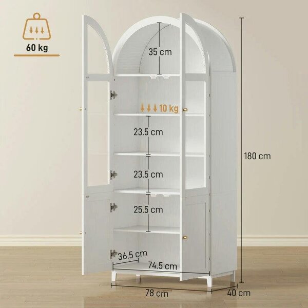 180cm Tall Kitchen Cupboard, Storage Cabinet with Adjustable Shelves, Acrylic Doors for Living Room, Dining Room, White