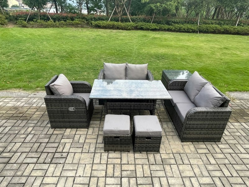 Fimous Lounge Rattan Sofa Set Outdoor Garden Furniture Oblong Rectangular Dining Table With Chairs Side Table 2 Small Footstools Dark Grey Mixed