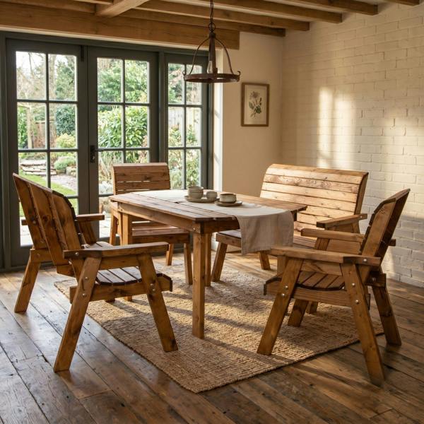 Samuel Alexander Handmade 6 Seater Rustic Wooden Indoor Dining Table, Bench & Chair Set