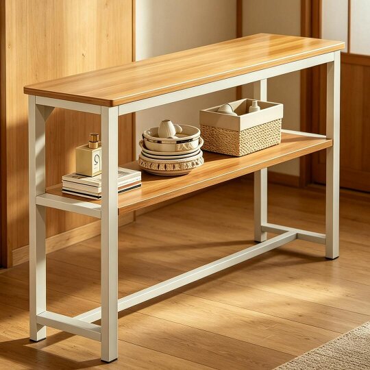 Havendro 2-Tier Console Table, Wood Side Table with Metal Frame, Narrow Sofa Table
