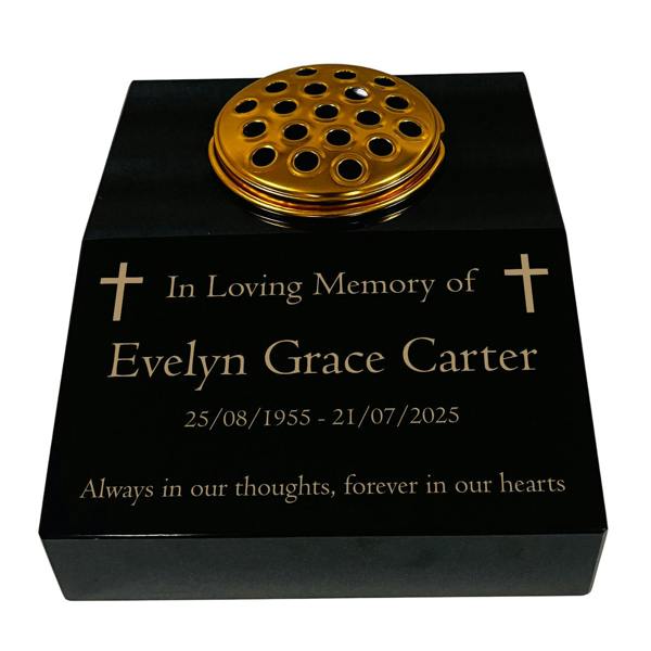 Memorials Direct Black Granite Sloping Memorial Desk with Vase – Cross Design, Free Gold Engraving