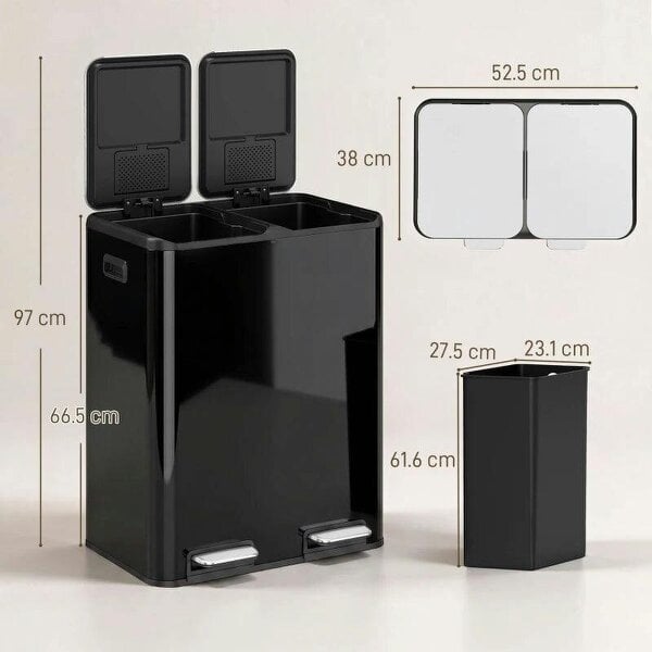 2 x 30L Double Kitchen Bin, Stainless Steel Pedal Rubbish Bin with Dual Compartments, Soft Close Lids, High Gloss Black