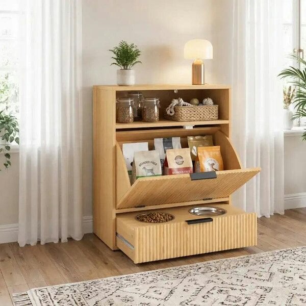 Pet Feeder Station with Storage, Dog Food Storage Container w/ 2 Raised Bowls, Tilt Out Cabinet, Slow Feeder Mat - Oak