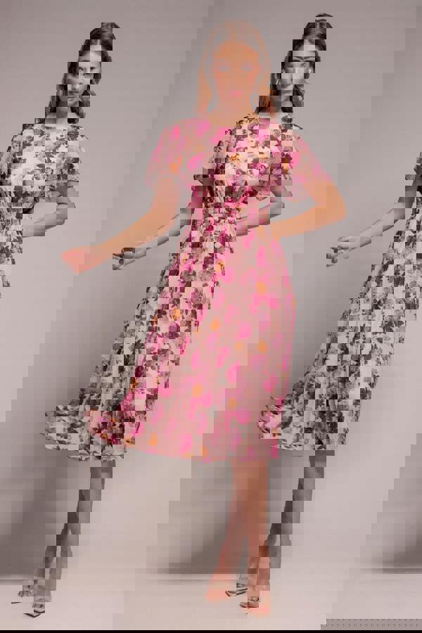 Flutter Sleeve Pleated Skirt Floral Midi Dress - Pink DR4565