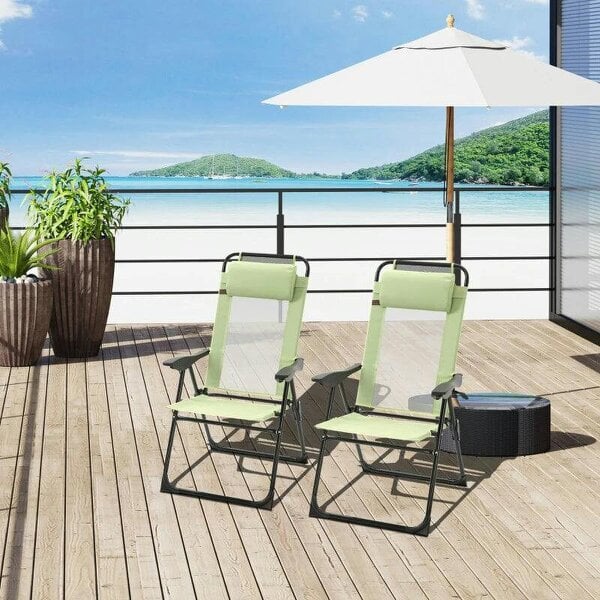 Bobobiy Folding Garden Chairs Set of 2, 5-Position Recliner Camping Chair with High Back, Portable Outdoor Dining Chairs with Headrests, Green - Green
