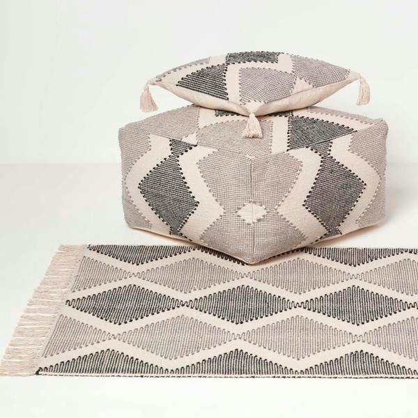 HOMESCAPES Malmo Handwoven Textured Grey & Black Pouffe Bean Cube