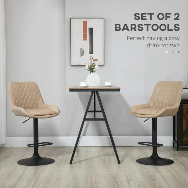 Set of 2 light khaki upholstered bar stools with backrests and black swivel bases