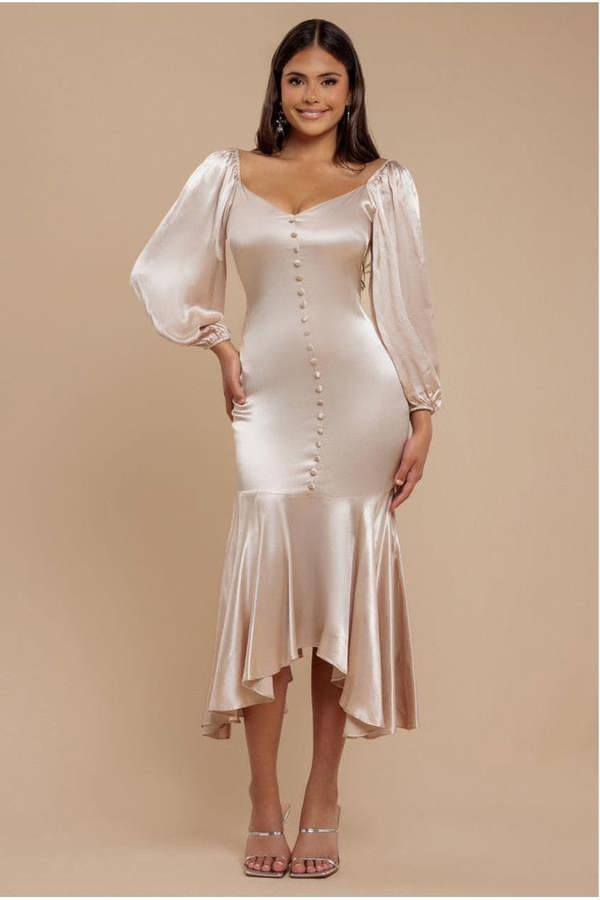 Satin Viscose Front Buttoned Dipped Hem Midaxi Dress - Champagne DR3899