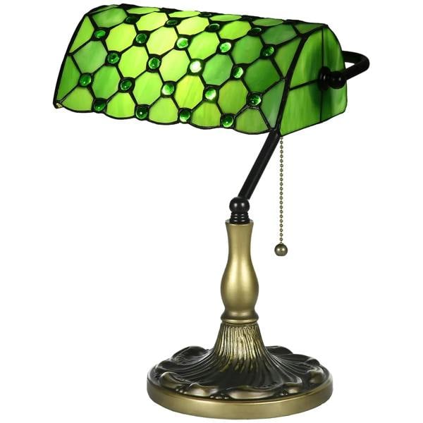 Green stained glass table lamp with hex pattern shade, brass base, pull chain