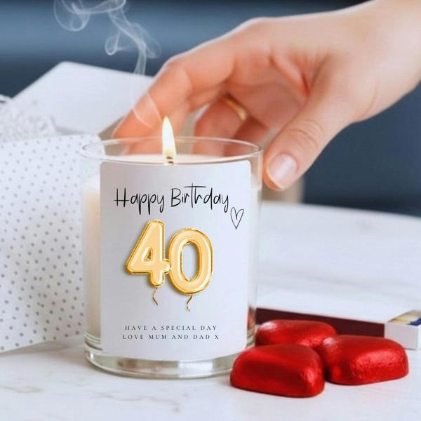 Personalised 40th Birthday Candle Gift Set – Gold Balloon | Friend, Mum